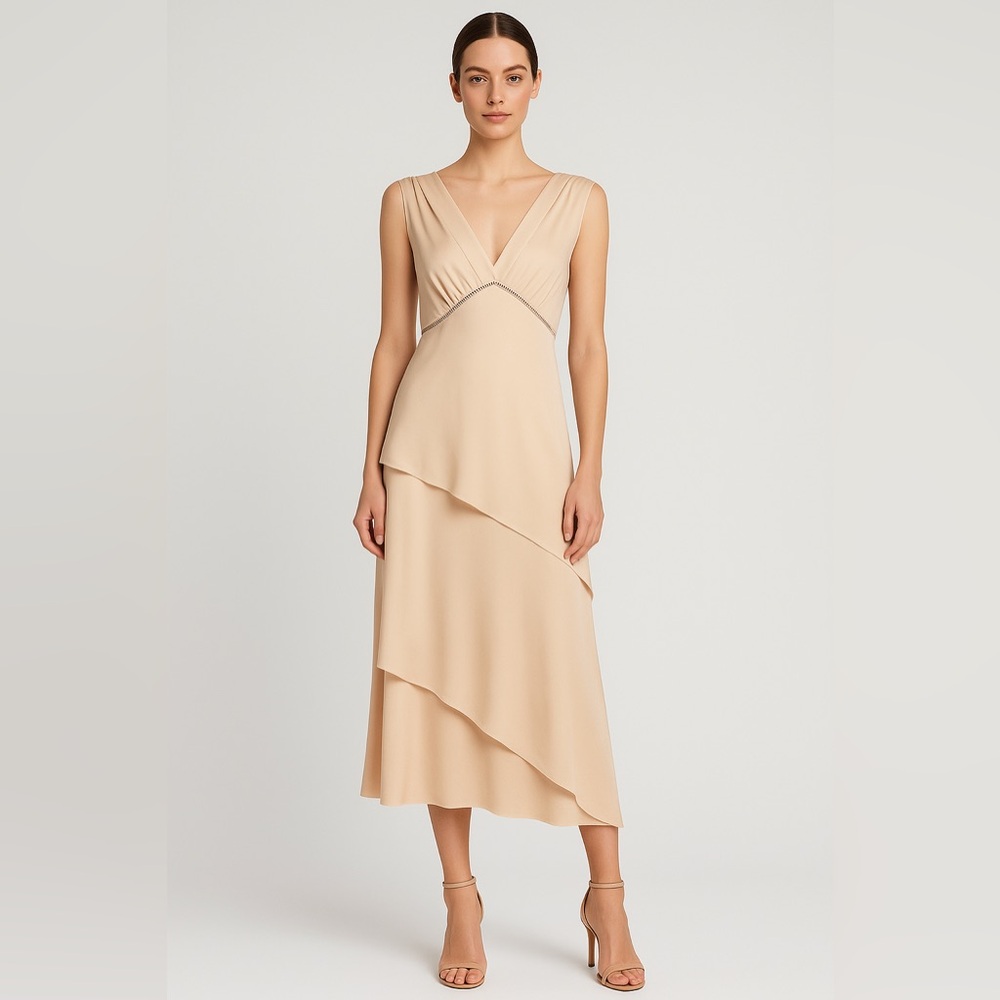 Chloé 100% Silk Asymmetric Layered Midi Dress – FR 40 (US 6–8) – Beige – NWT - Picture 2 of 15